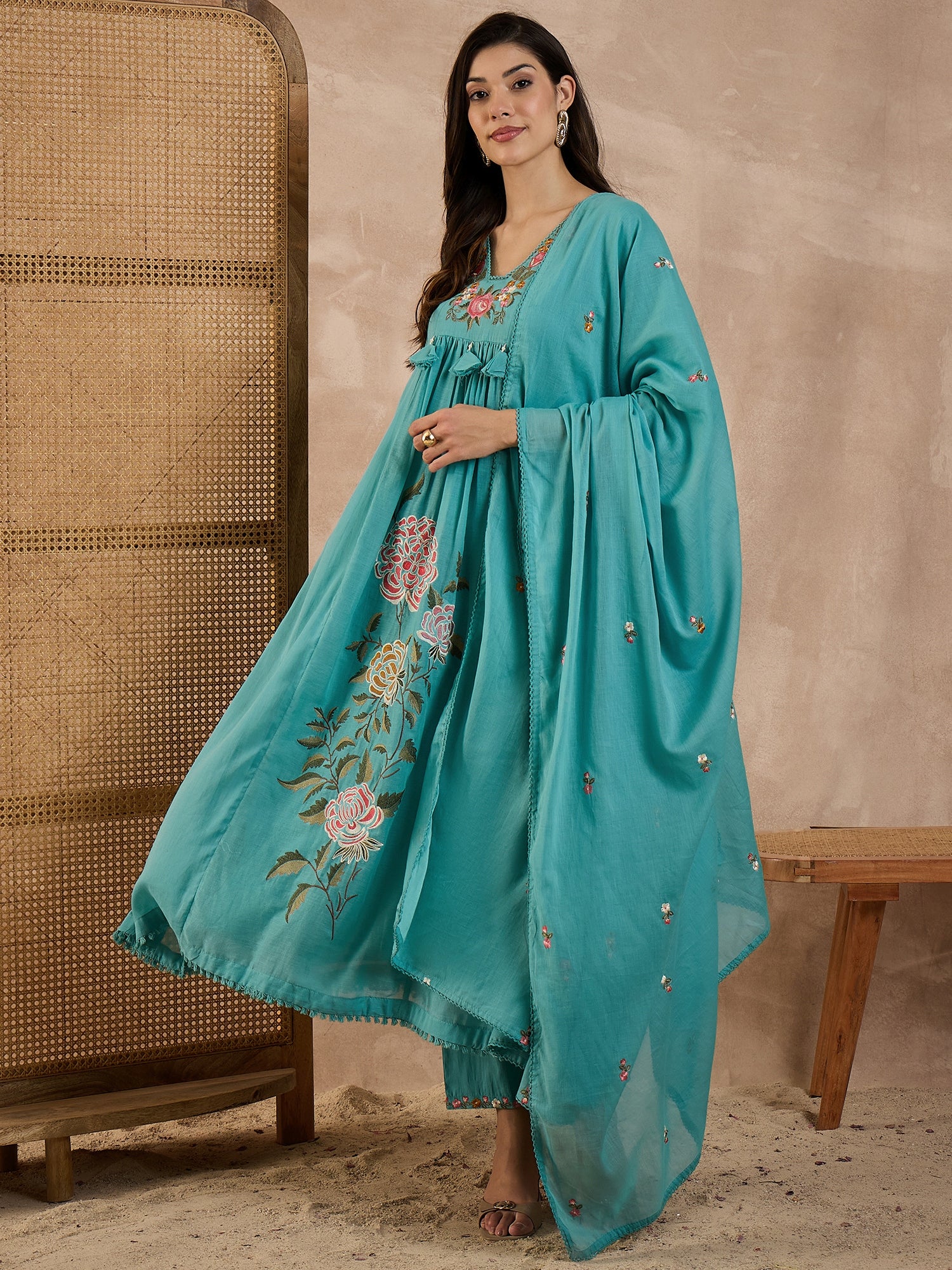 Floral Embroidered Pleated Thread Work A-Line Kurta With Trousers & Dupatta