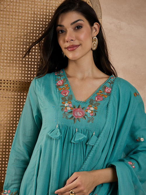 Floral Embroidered Pleated Thread Work A-Line Kurta With Trousers & Dupatta