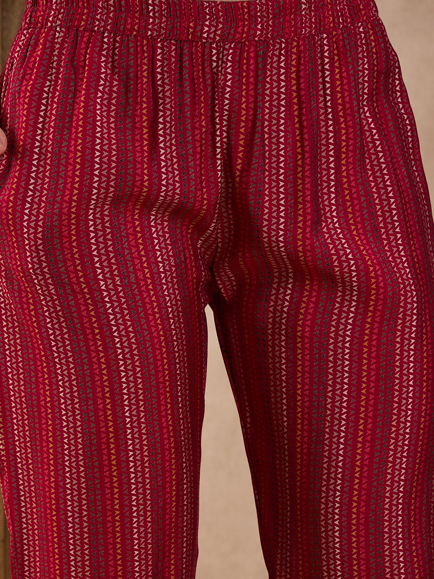 Floral Printed High Slit Thread Work Raw Silk Kurta With Trousers & Dupatta