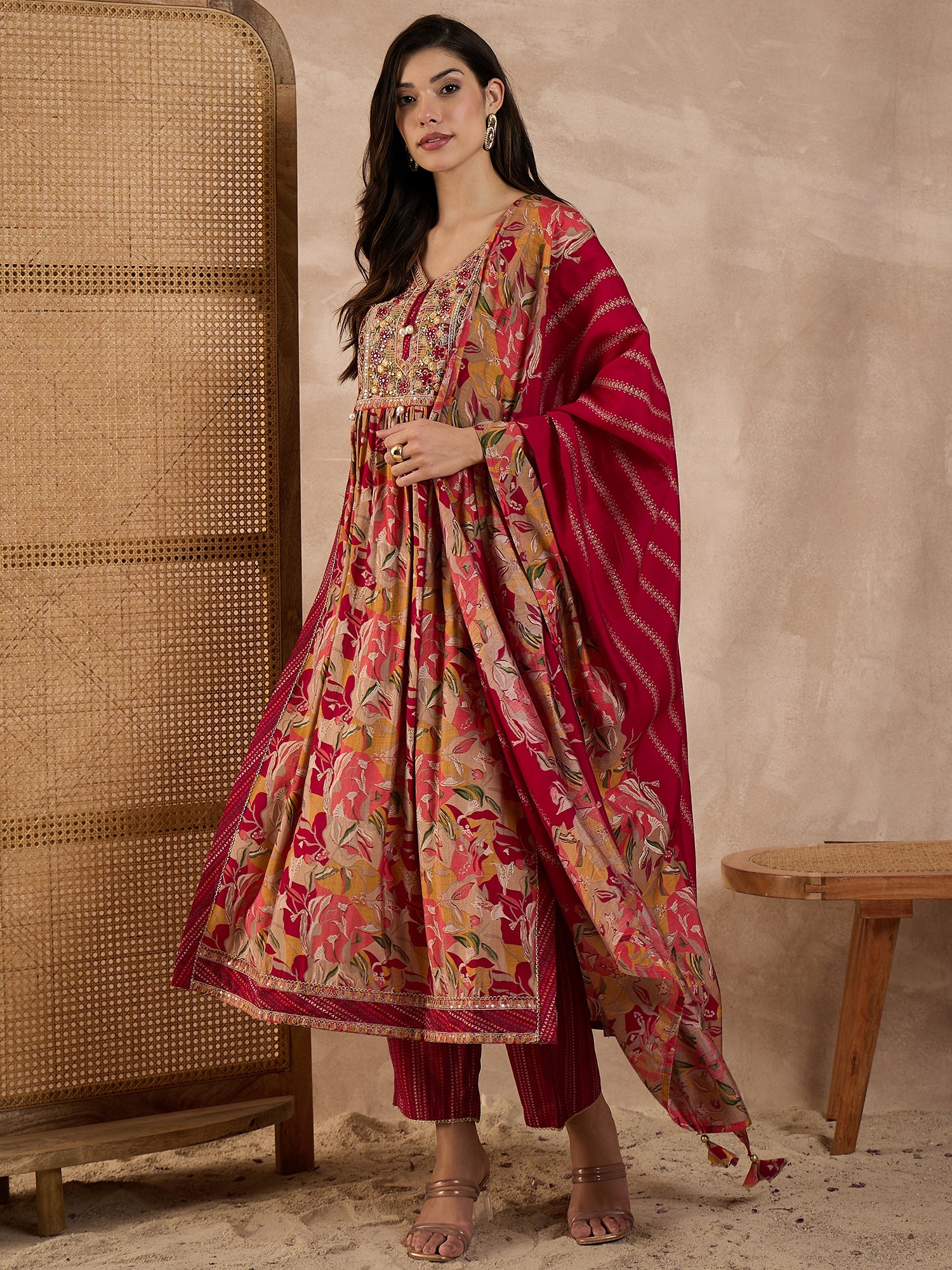 Floral Printed High Slit Thread Work Raw Silk Kurta With Trousers & Dupatta