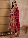 Floral Printed High Slit Thread Work Raw Silk Kurta With Trousers & Dupatta