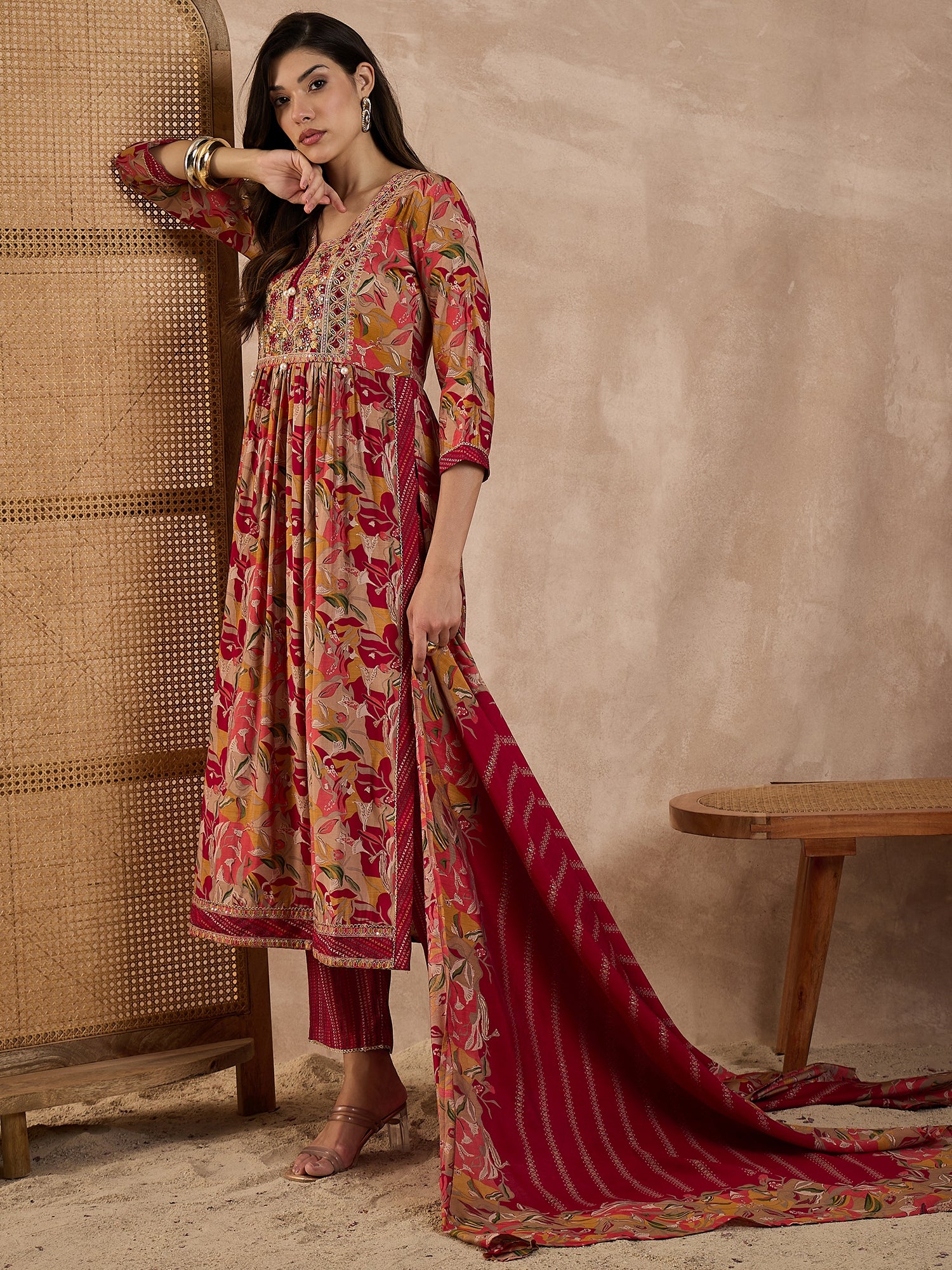 Floral Printed High Slit Thread Work Raw Silk Kurta With Trousers & Dupatta