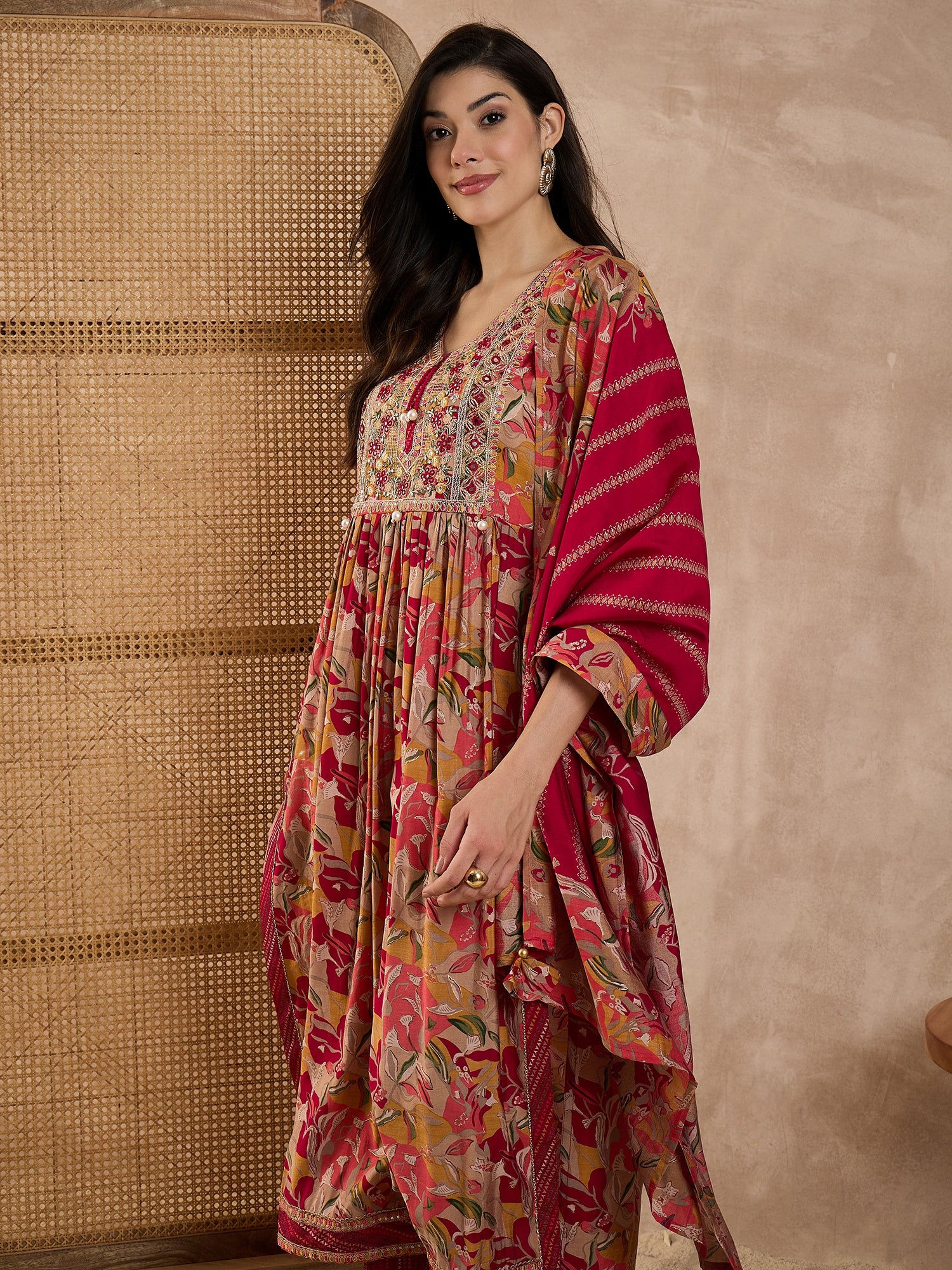 Floral Printed High Slit Thread Work Raw Silk Kurta With Trousers & Dupatta