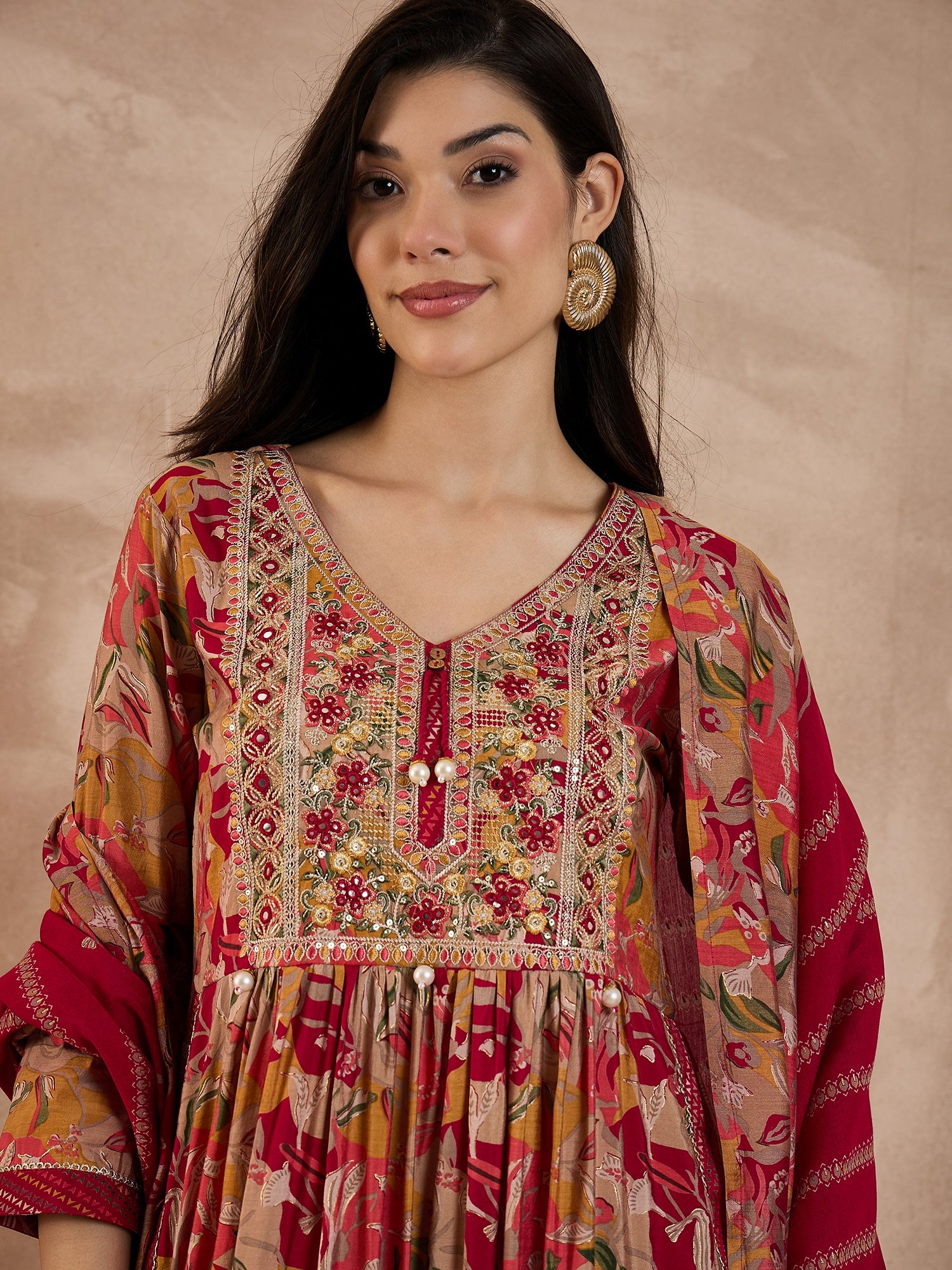 Floral Printed High Slit Thread Work Raw Silk Kurta With Trousers & Dupatta