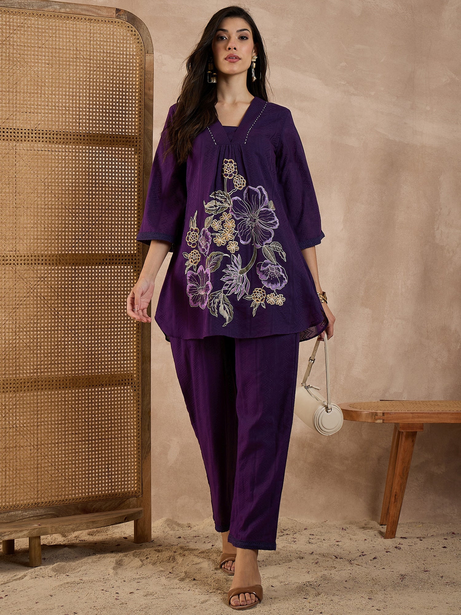Women Embroidered Pure Cotton Dobby Co-ord Set