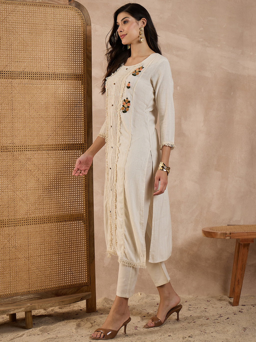 Women Pure Cotton Floral Embroidered Hand Work Kurti With Some Sequence