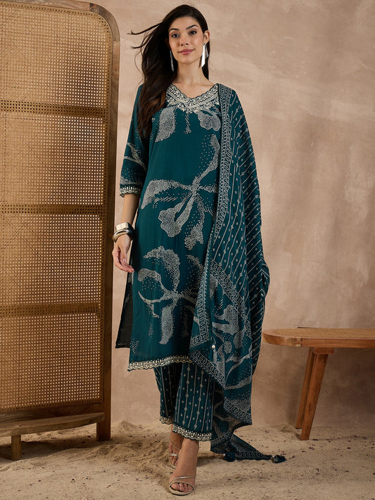 Bandhani Printed Beads and Stones Pure Cotton Kurta With Trousers & Dupatta