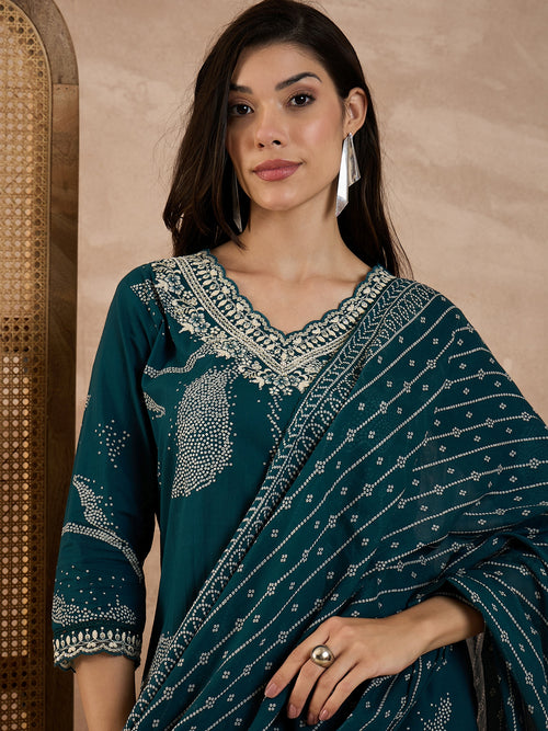 Bandhani Printed Beads and Stones Pure Cotton Kurta With Trousers & Dupatta