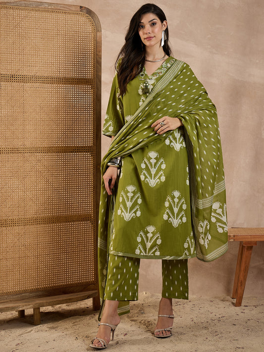 Floral Printed Regular Mirror Work Pure Cotton Kurta With Trousers & Dupatta