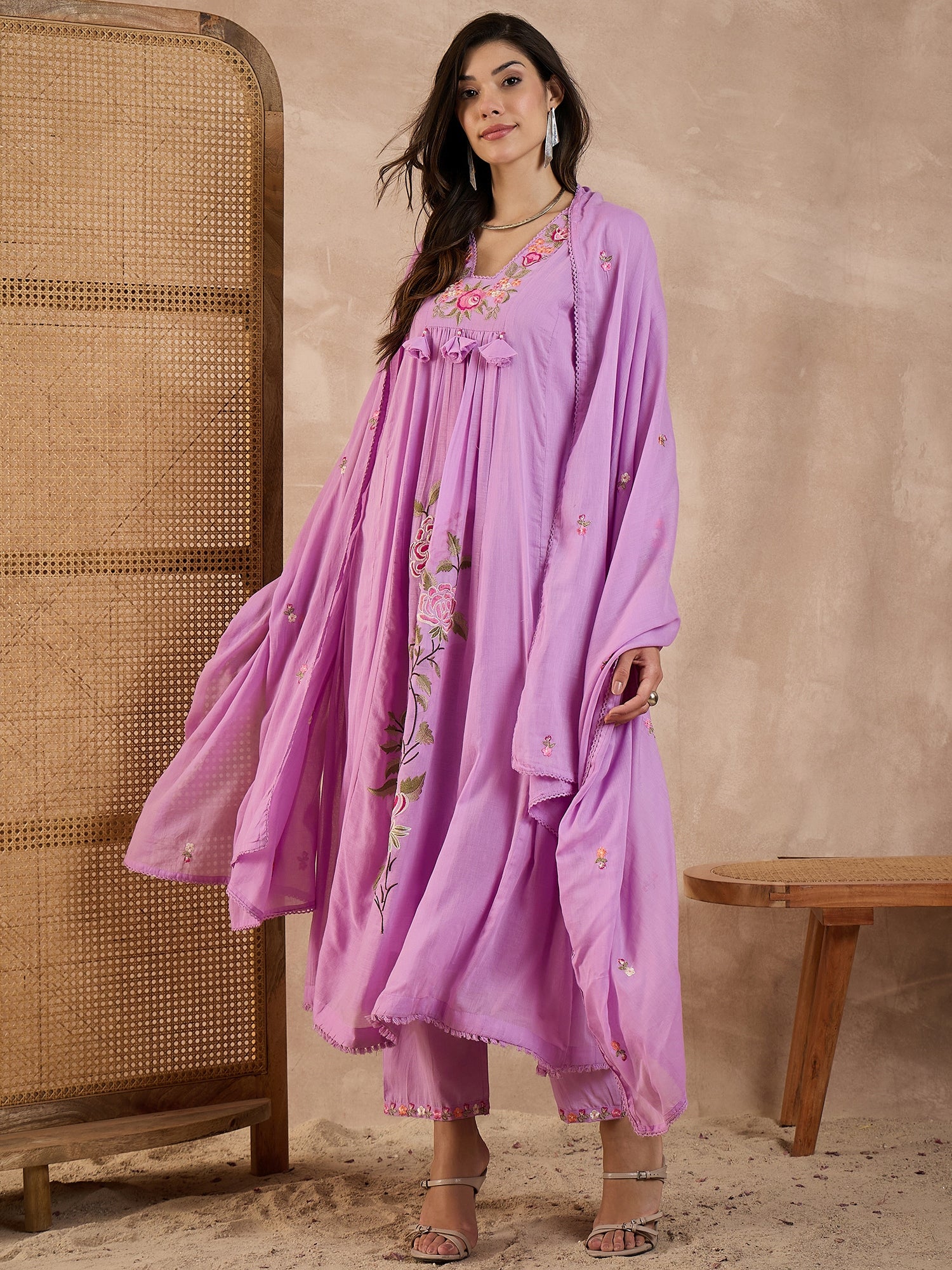 Floral Embroidered Pleated Thread Work A-Line Kurta With Trousers & Dupatta