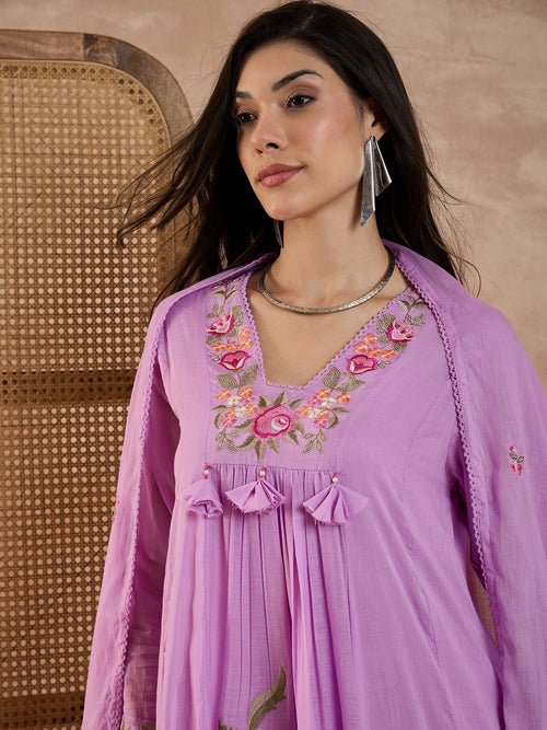 Floral Embroidered Pleated Thread Work A-Line Kurta With Trousers & Dupatta