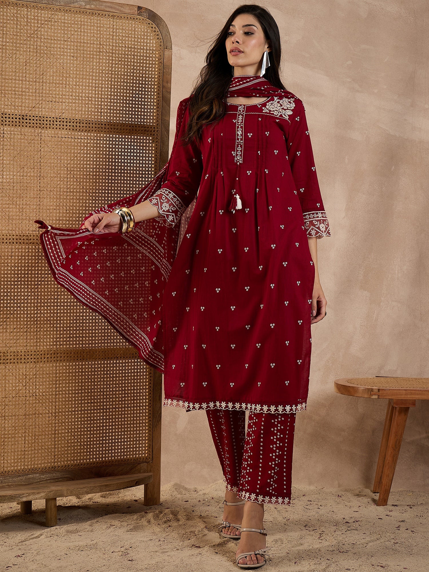 Women Bandhani Printed Cotton Kurta with Trousers & Dupatta