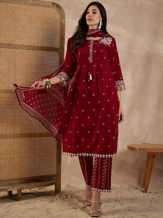 Women Bandhani Printed Cotton Kurta with Trousers & Dupatta