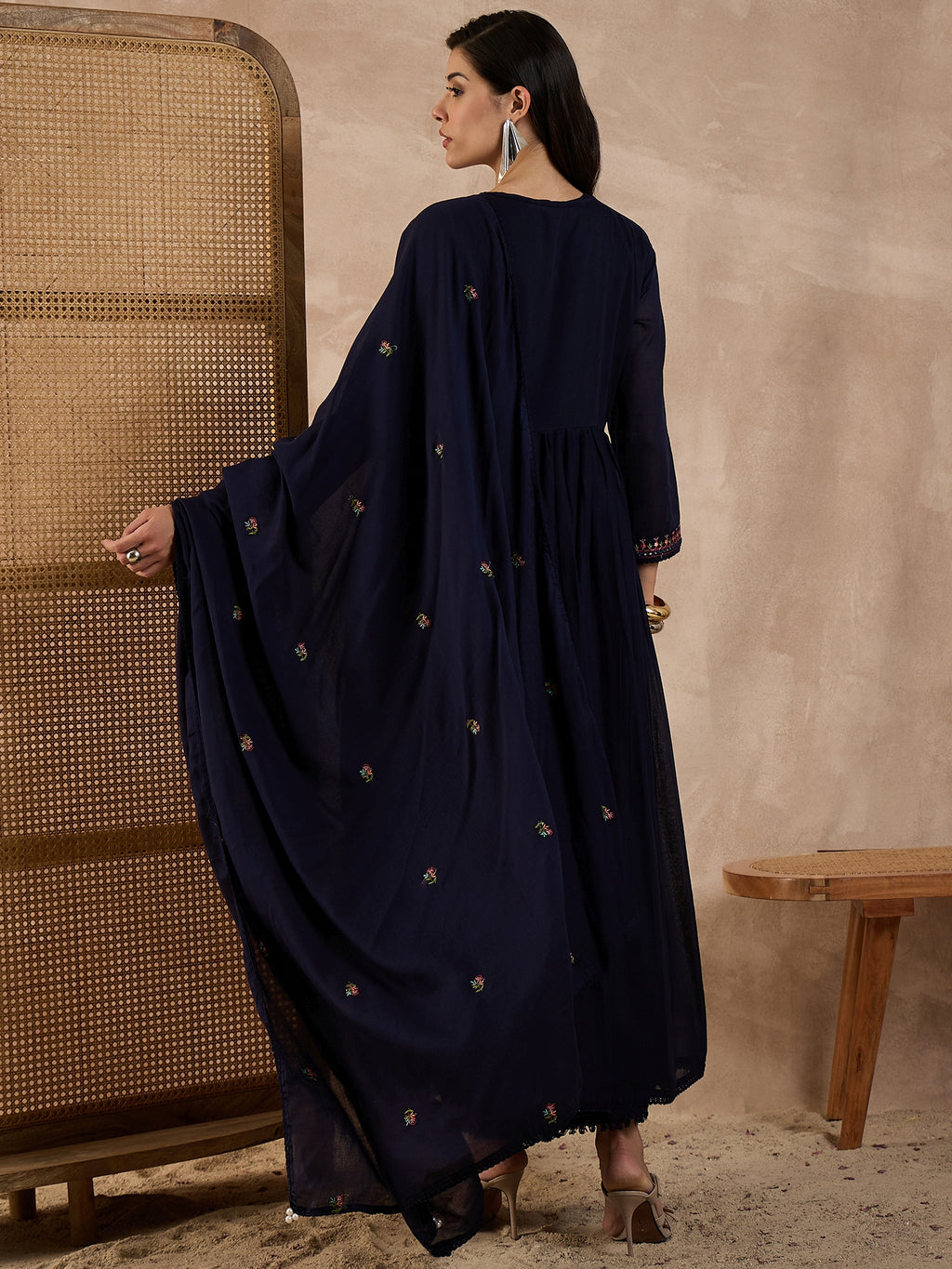 Floral Embroidered Pleated Thread Work Anarkali Kurta With Trousers & Dupatta