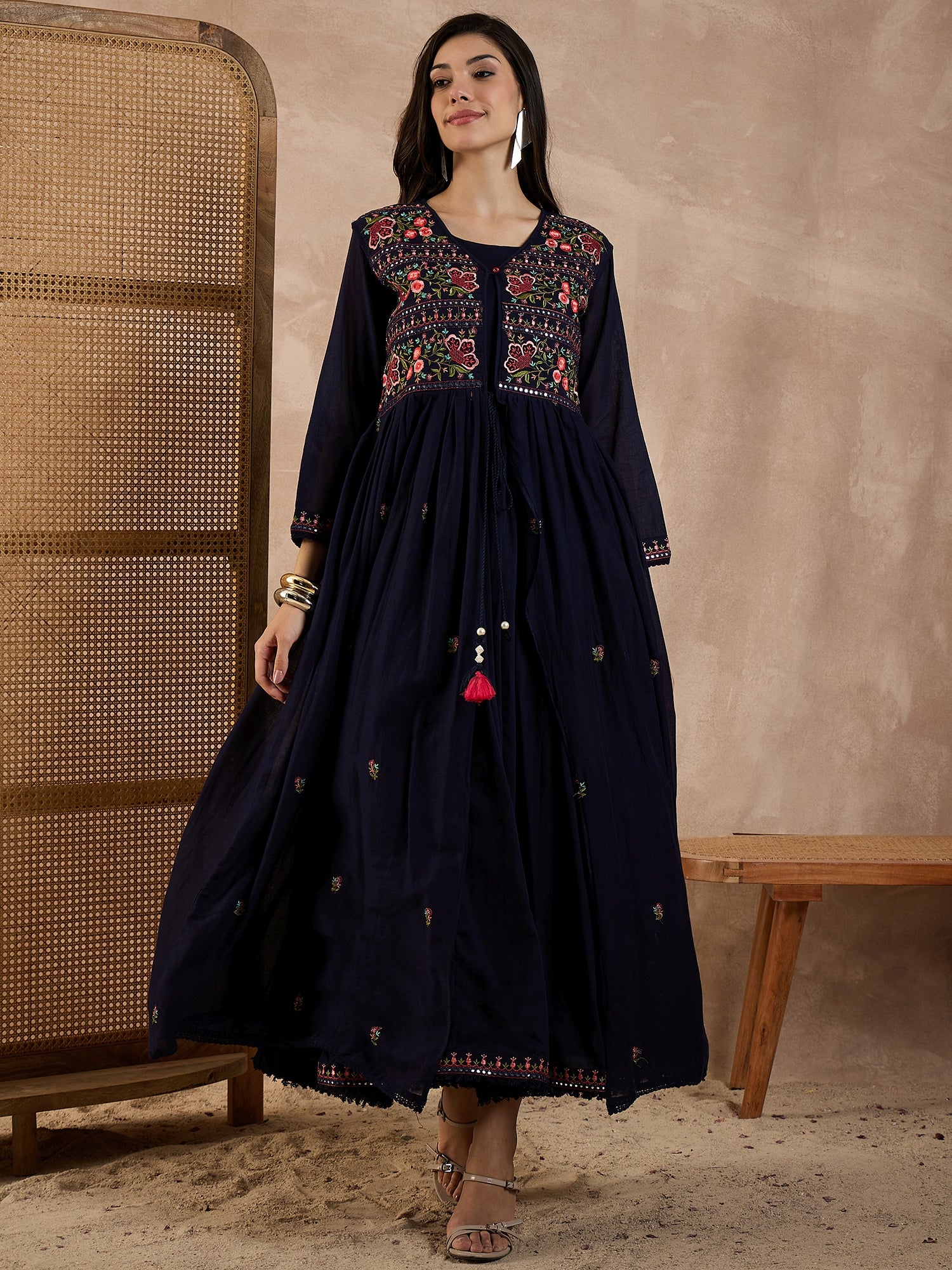 Floral Embroidered Pleated Thread Work Anarkali Kurta With Trousers & Dupatta