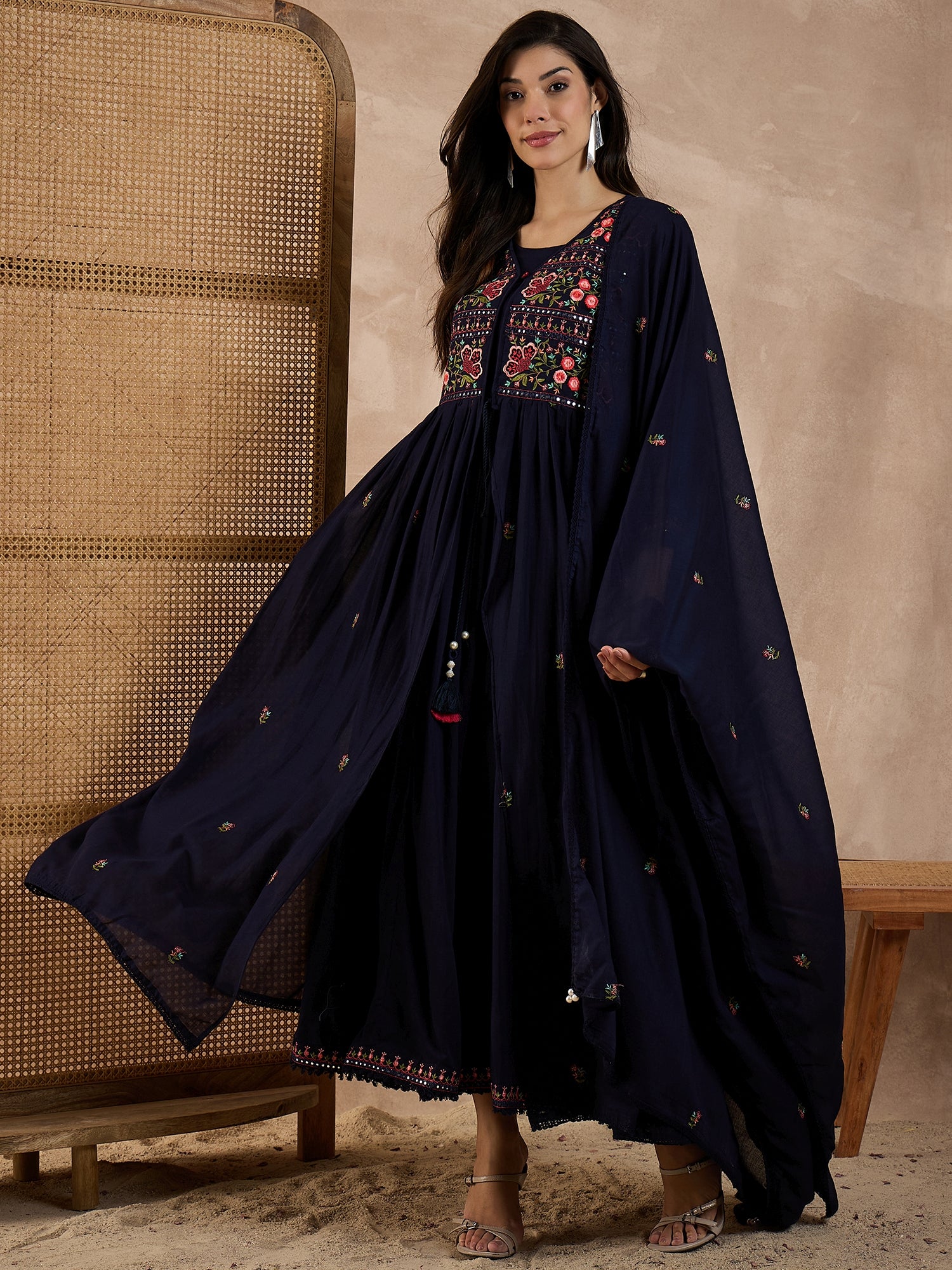 Floral Embroidered Pleated Thread Work Anarkali Kurta With Trousers & Dupatta