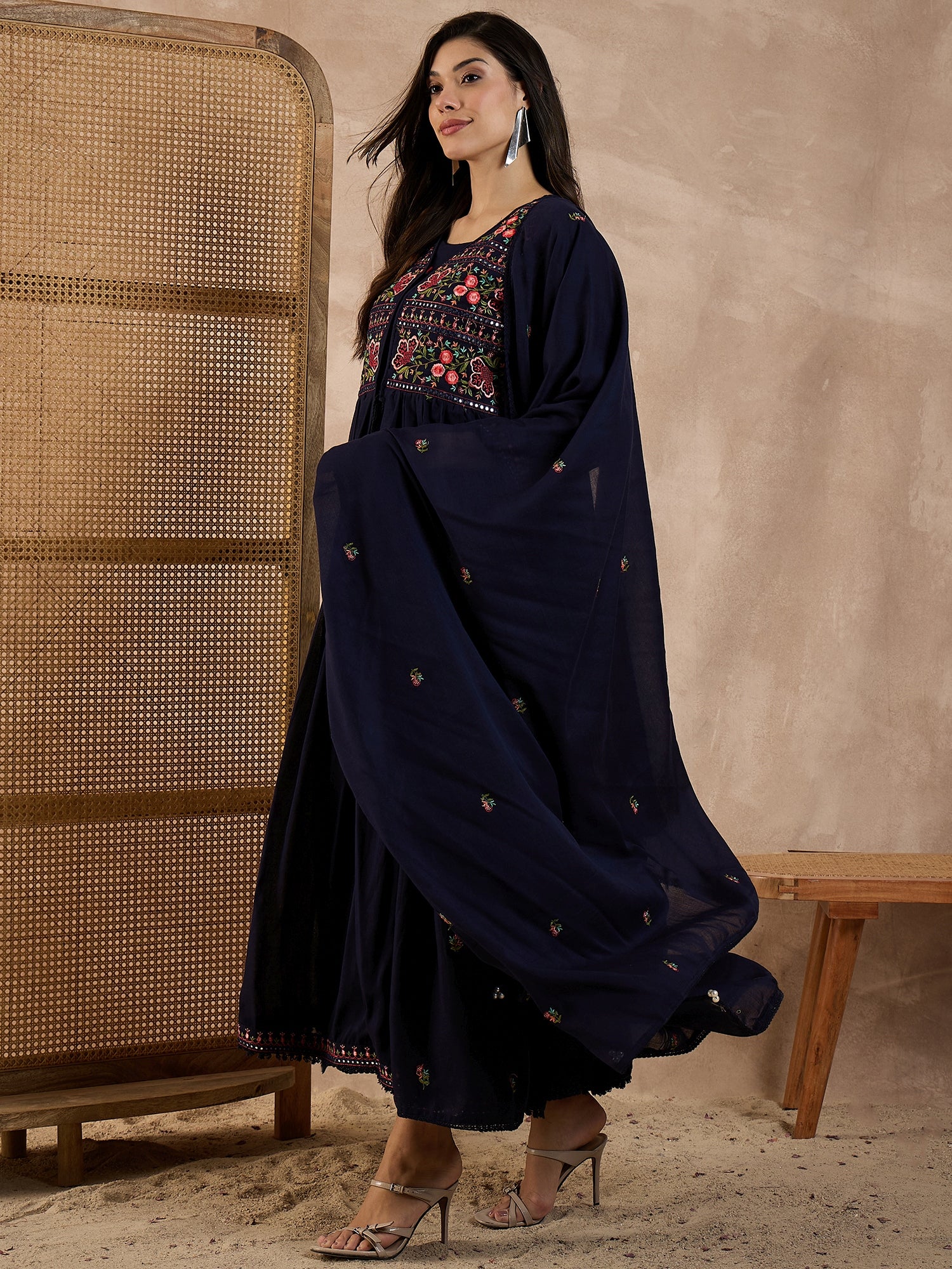 Floral Embroidered Pleated Thread Work Anarkali Kurta With Trousers & Dupatta