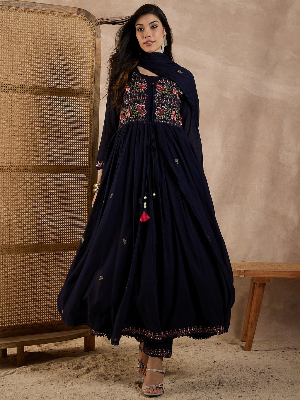 Floral Embroidered Pleated Thread Work Anarkali Kurta With Trousers & Dupatta