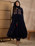 Floral Embroidered Pleated Thread Work Anarkali Kurta With Trousers & Dupatta