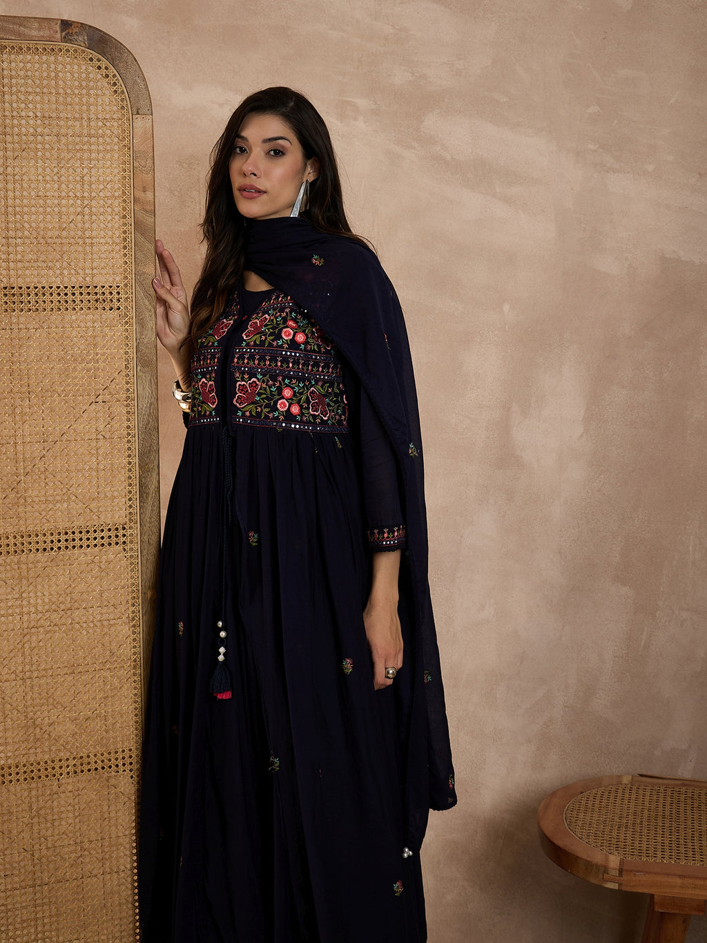 Floral Embroidered Pleated Thread Work Anarkali Kurta With Trousers & Dupatta