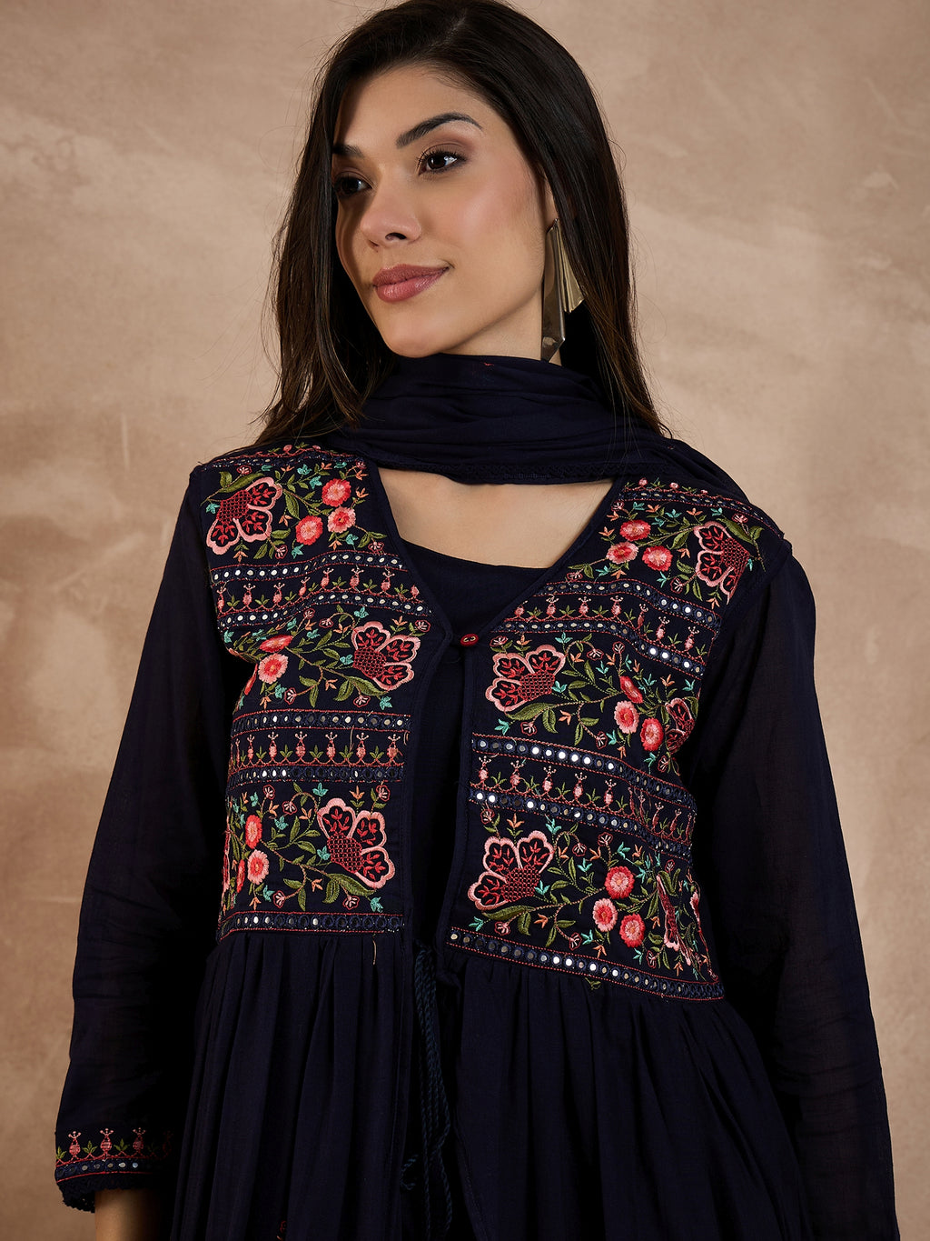 Floral Embroidered Pleated Thread Work Anarkali Kurta With Trousers & Dupatta
