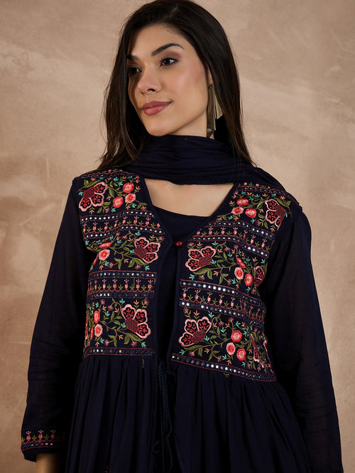 Floral Embroidered Pleated Thread Work Anarkali Kurta With Trousers & Dupatta