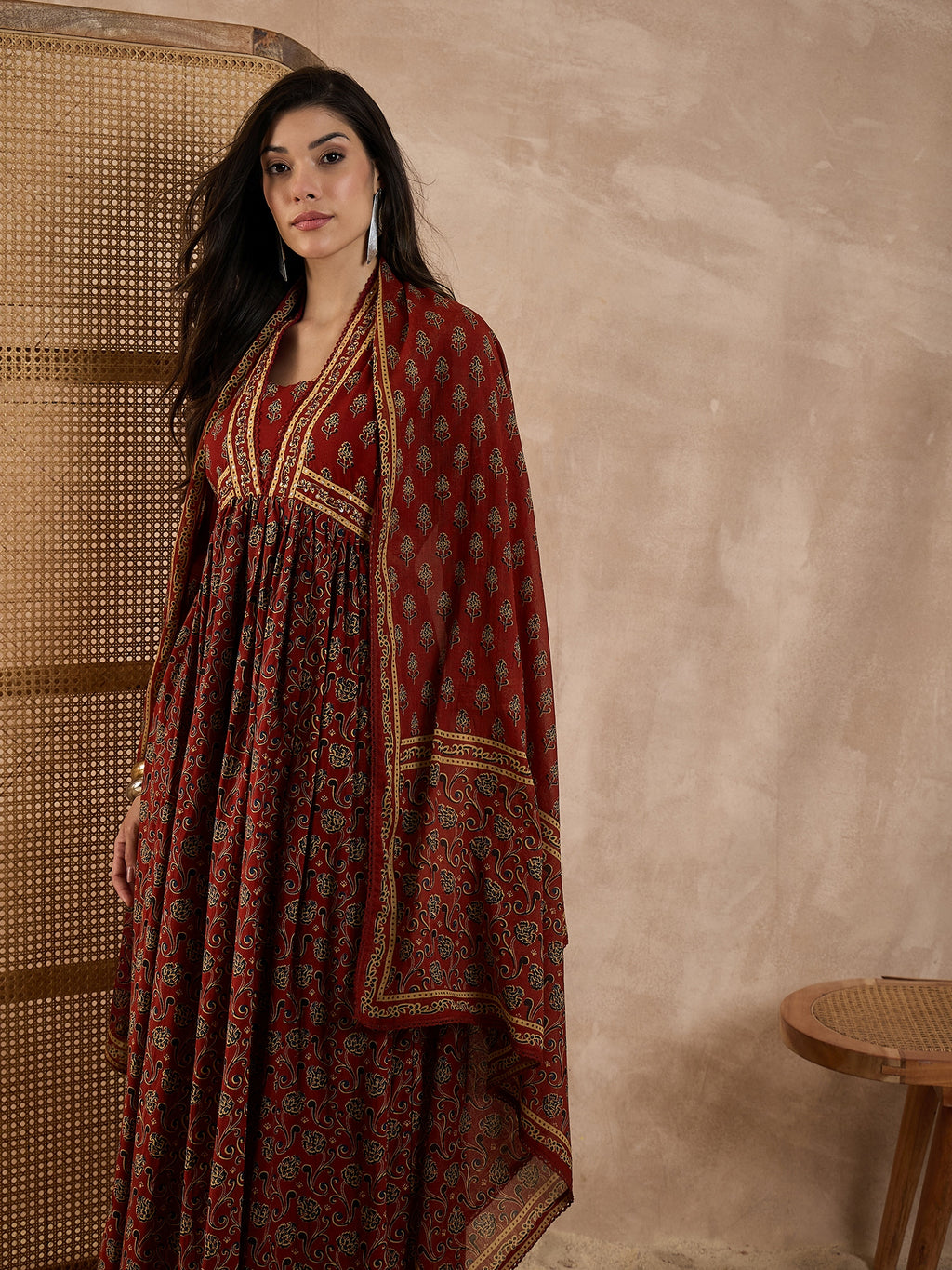 Women Floral Printed Pleated Beads & Stones Pure Cotton Kurta with Trouser & Dupatta