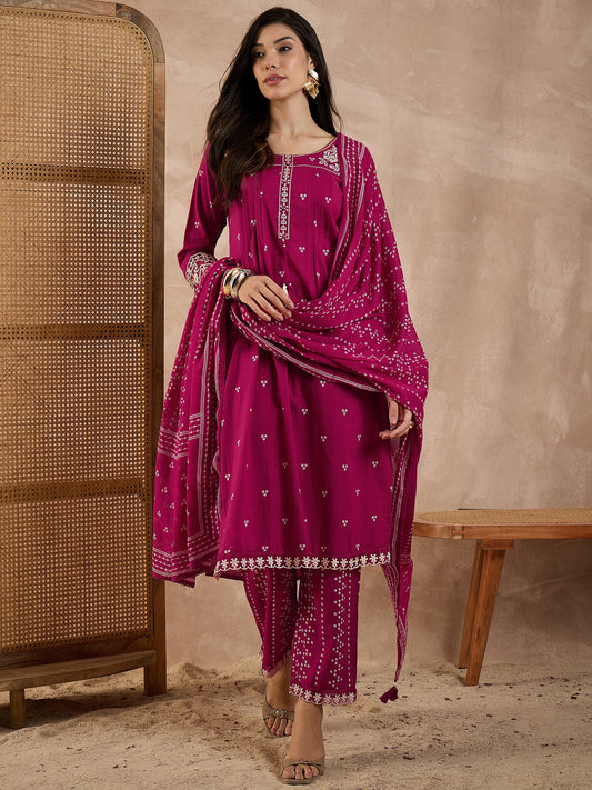 Women Bandhani Printed Cotton Kurta with Trousers & Dupatta