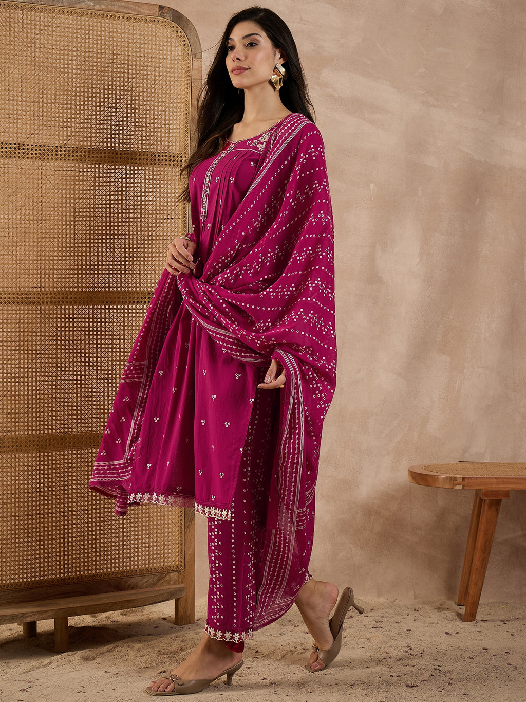 Women Bandhani Printed Cotton Kurta with Trousers & Dupatta