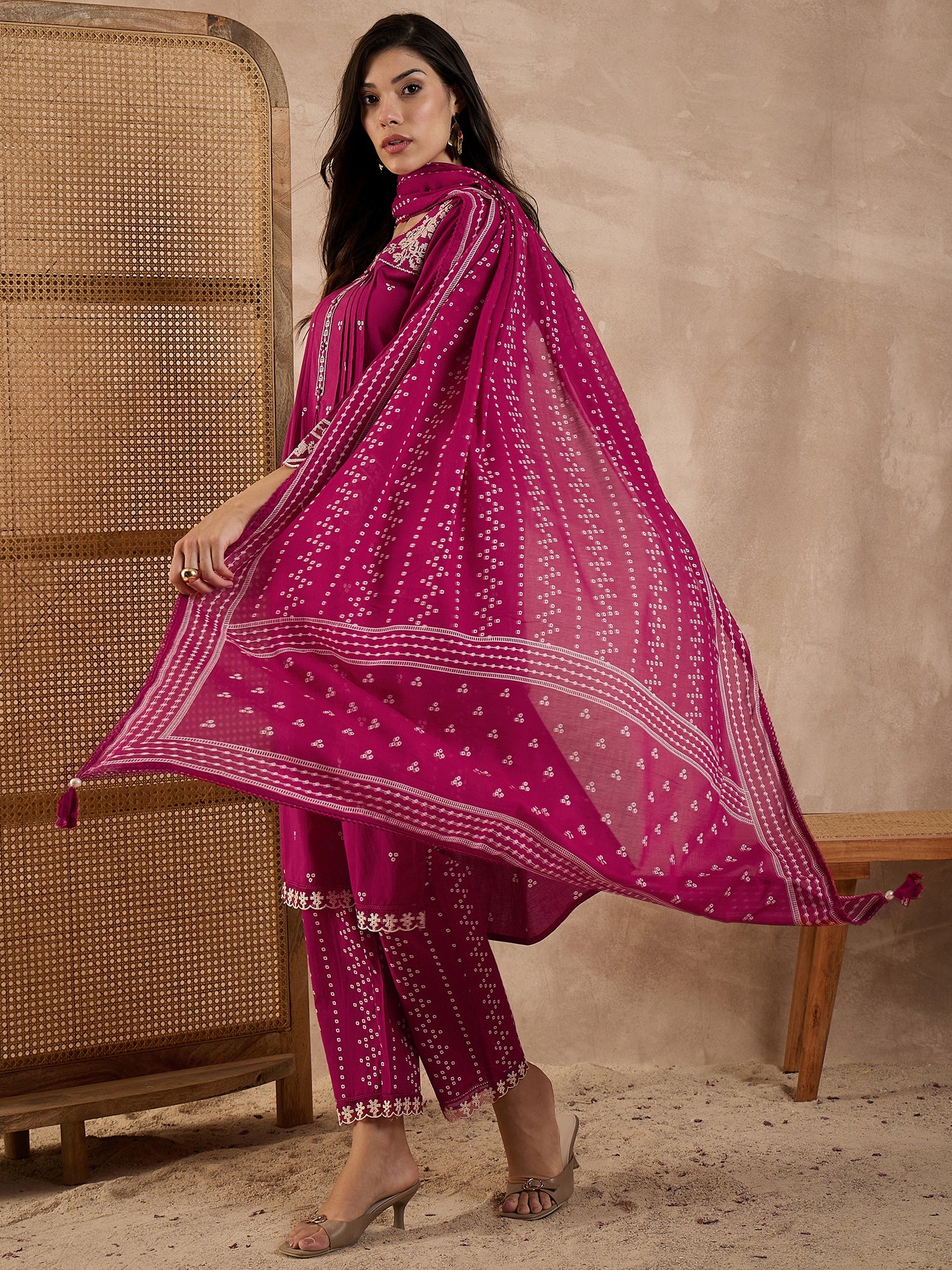 Women Bandhani Printed Cotton Kurta with Trousers & Dupatta