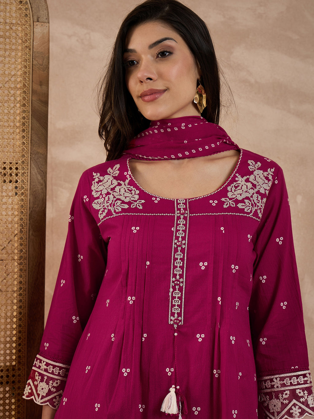 Women Bandhani Printed Cotton Kurta with Trousers & Dupatta