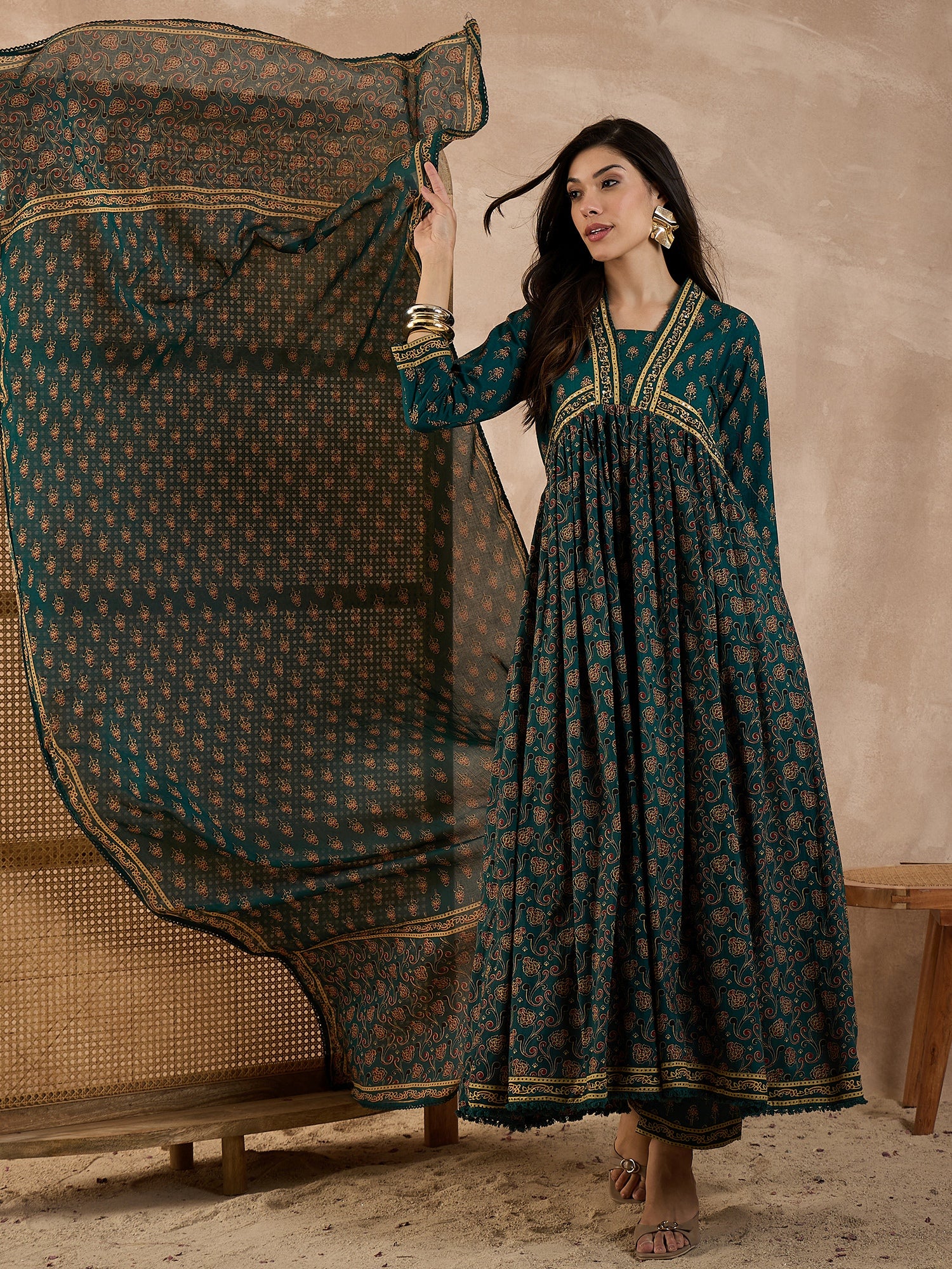 Women Printed Pleated Pure Cotton Anarkali Kurta set with Trousers & Dupatta