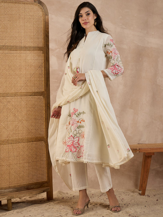 Women Floral Embroidered A-Line Kurta with Trousers & Dupatta
