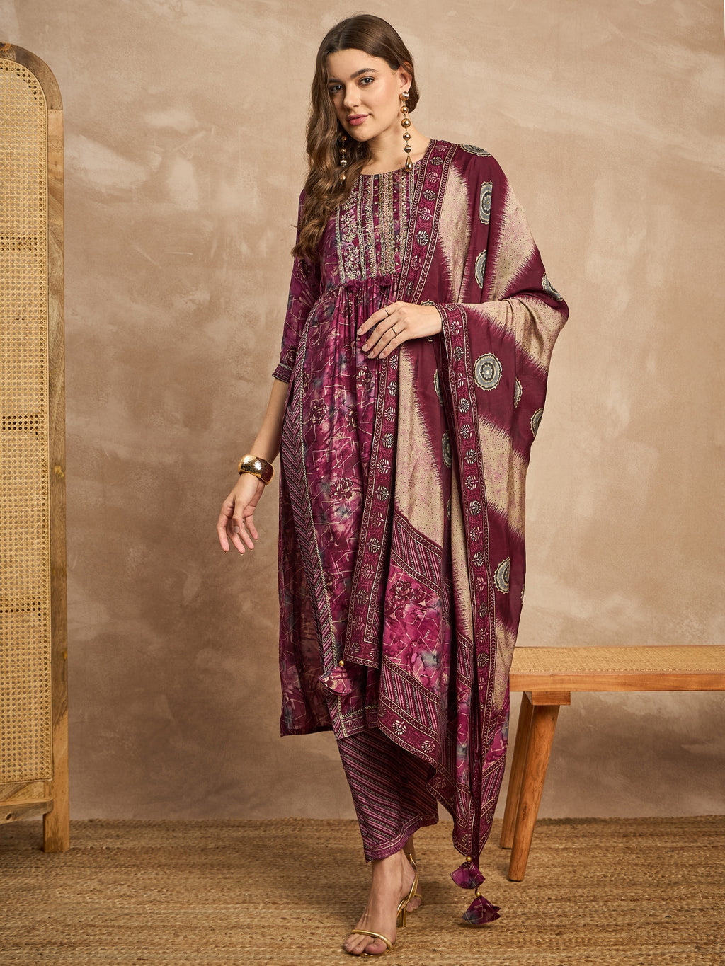 Women Floral Printed High Slit Thread Work Straight Kurta with Trousers & Dupatta