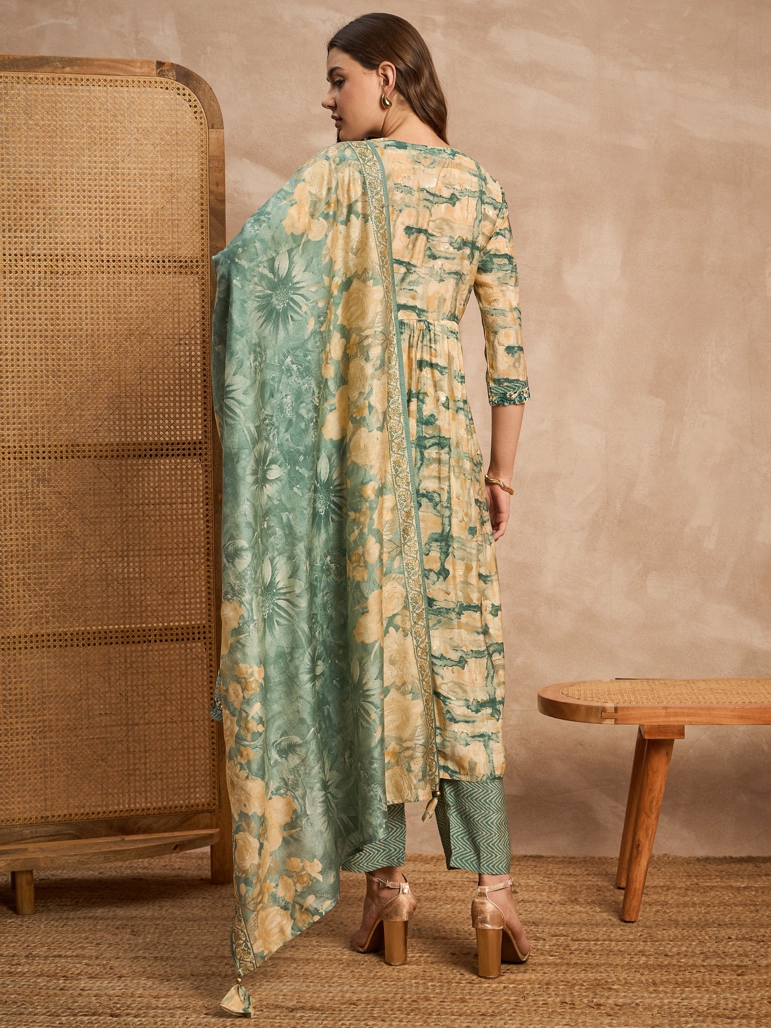 Women Embroidered High Slit Beads and Stones Raw Silk Kurta with Trousers & With Dupatta