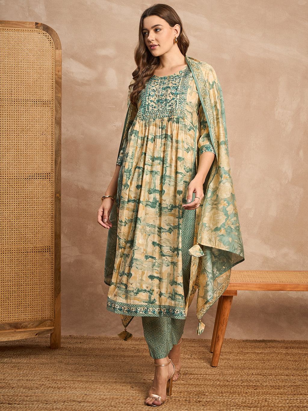 Women Embroidered High Slit Beads and Stones Raw Silk Kurta with Trousers & With Dupatta