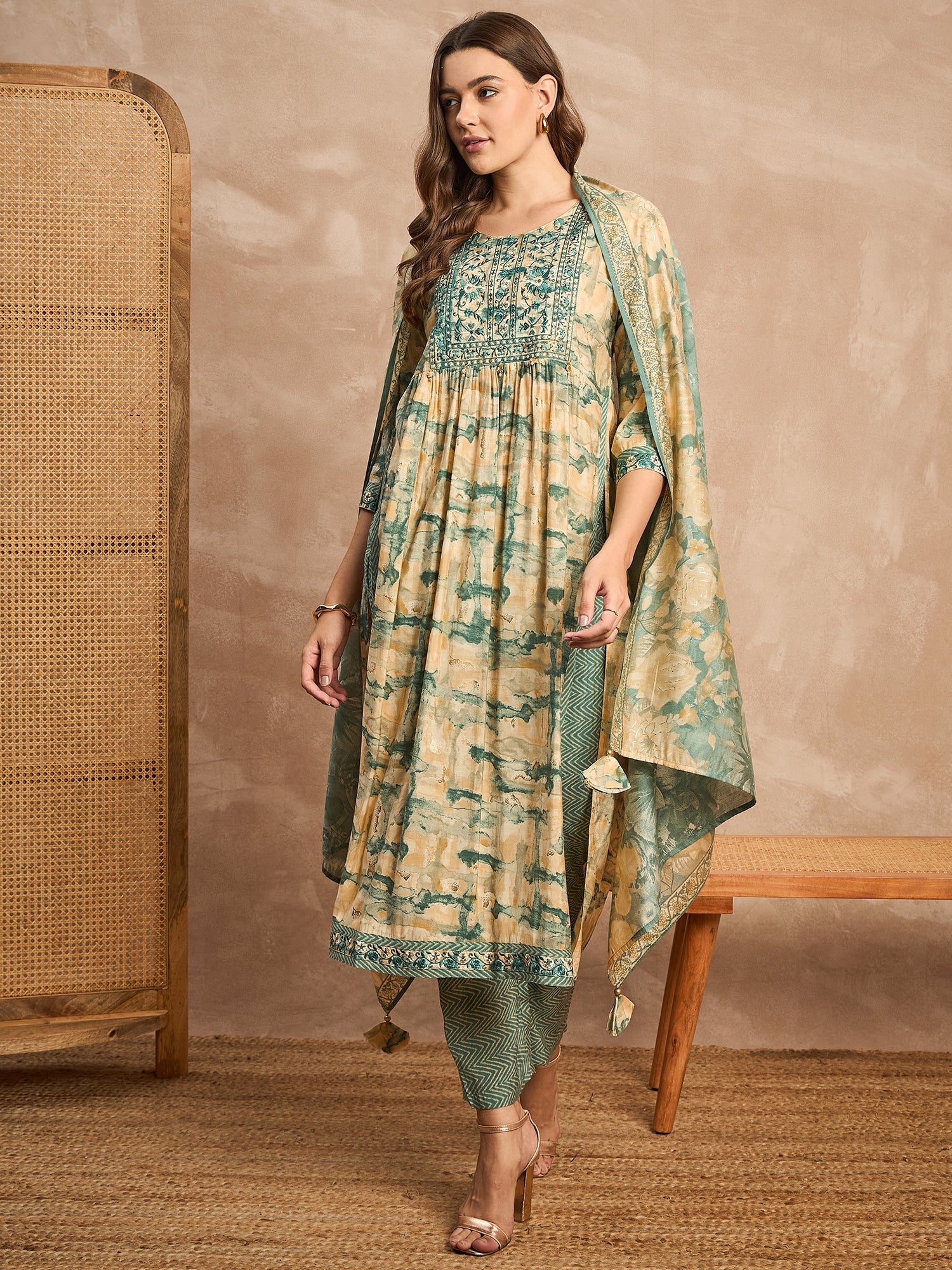 Women Embroidered High Slit Beads and Stones Raw Silk Kurta with Trousers & With Dupatta