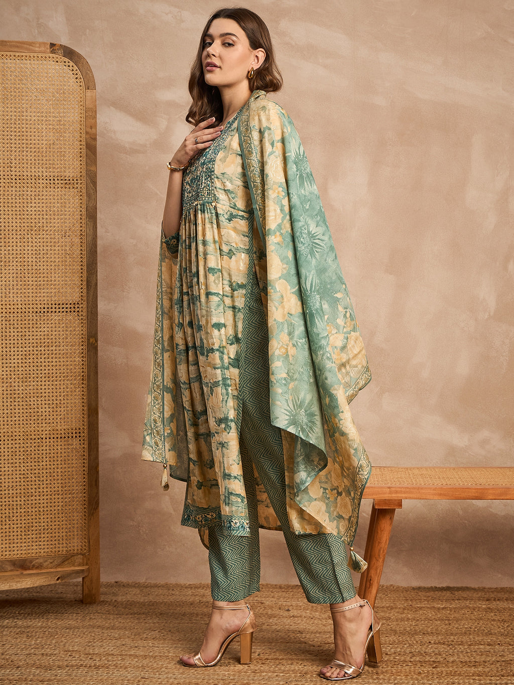 Women Embroidered High Slit Beads and Stones Raw Silk Kurta with Trousers & With Dupatta