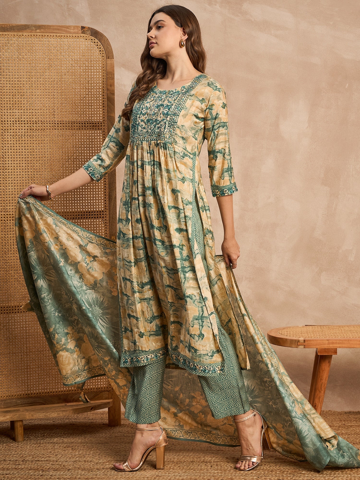 Women Embroidered High Slit Beads and Stones Raw Silk Kurta with Trousers & With Dupatta