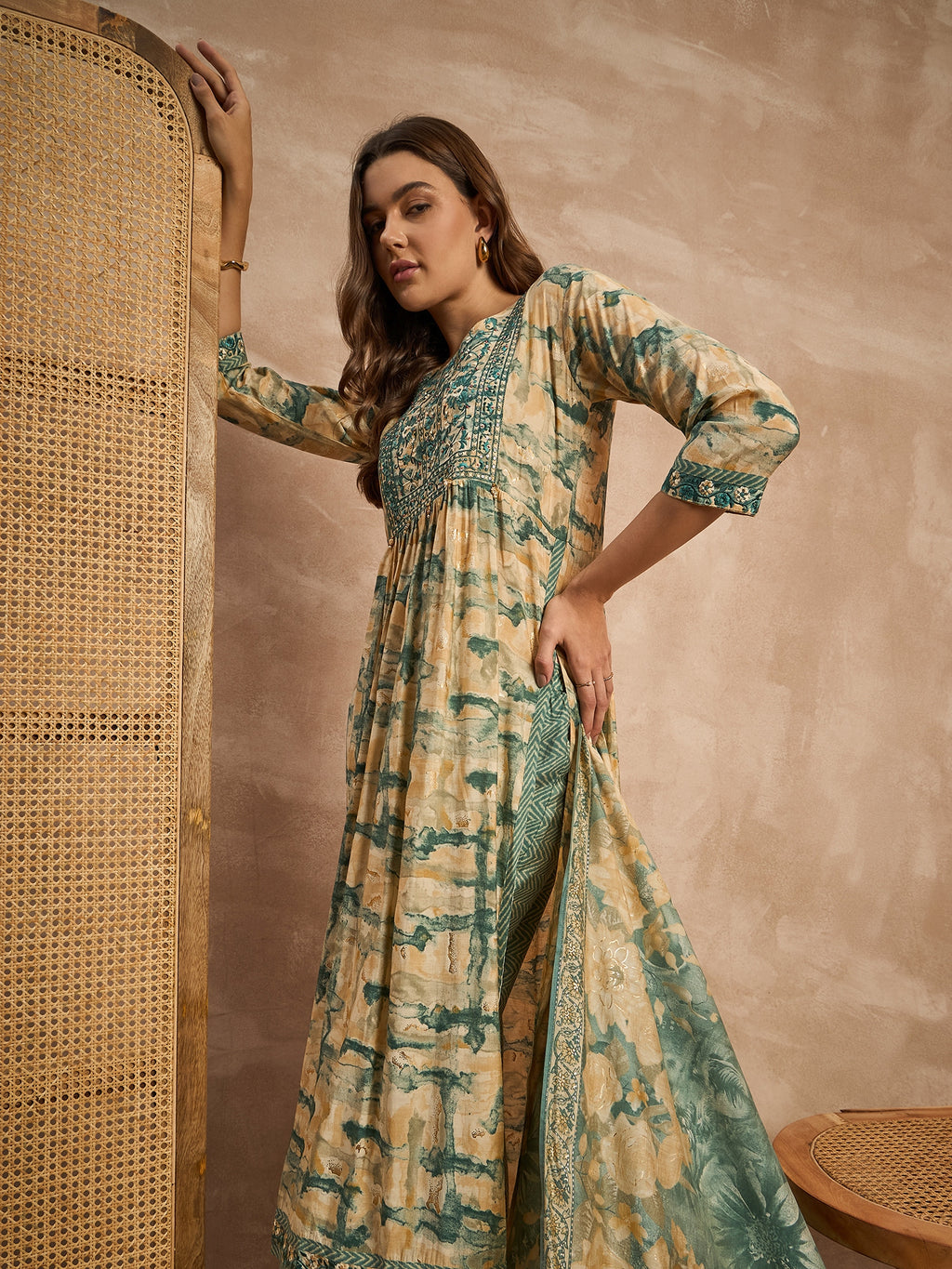 Women Embroidered High Slit Beads and Stones Raw Silk Kurta with Trousers & With Dupatta