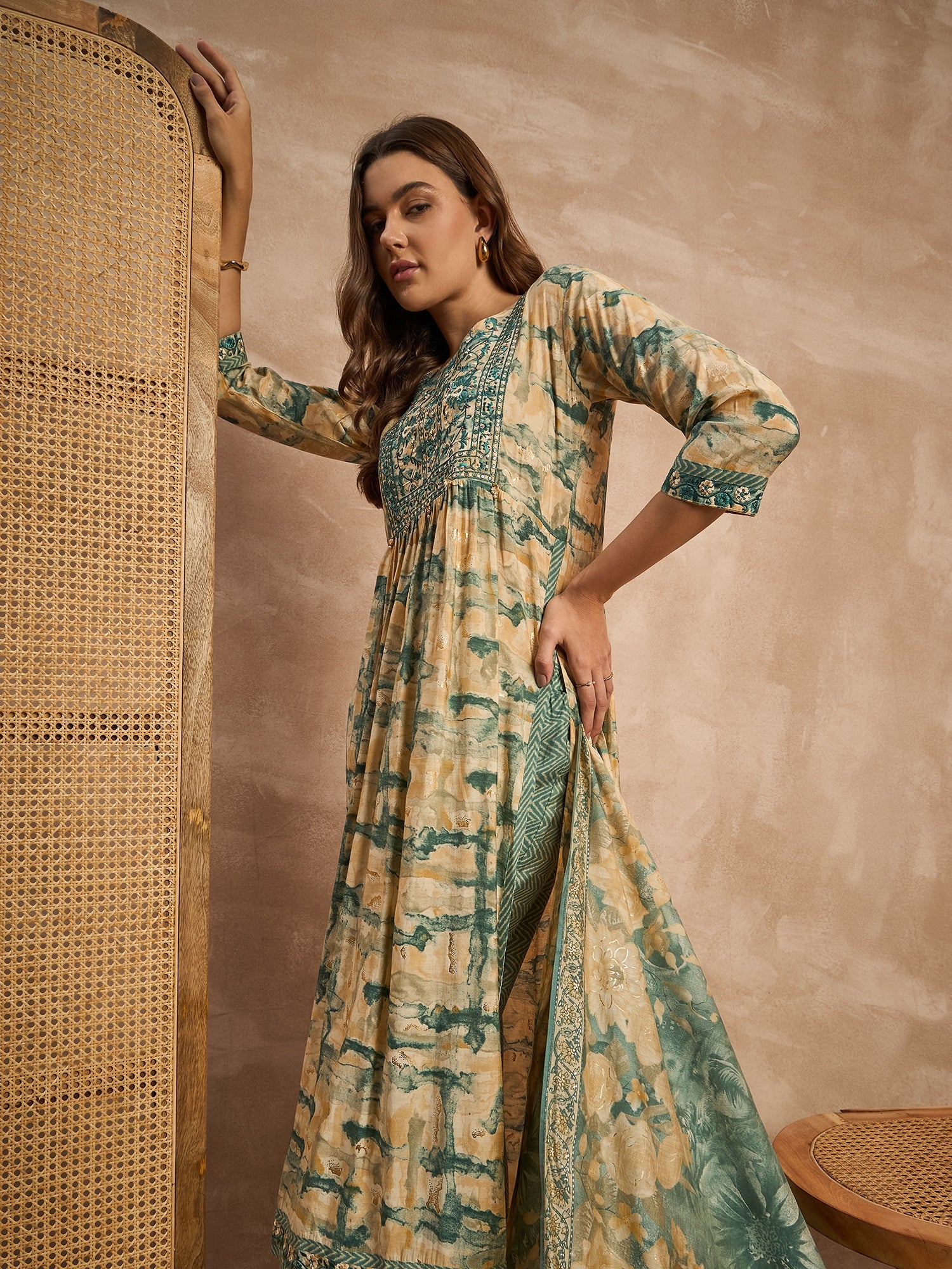 Women Embroidered High Slit Beads and Stones Raw Silk Kurta with Trousers & With Dupatta