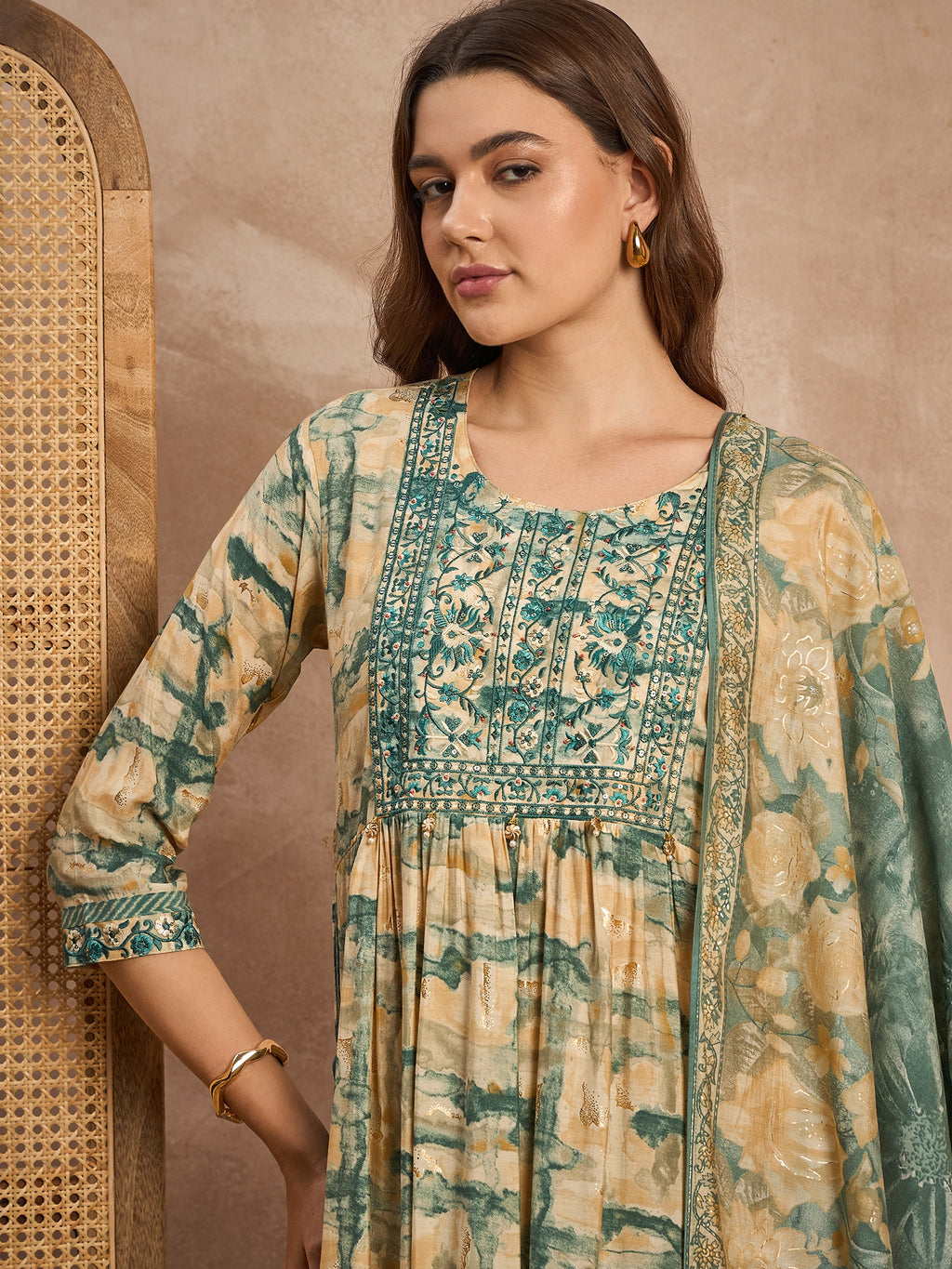 Women Embroidered High Slit Beads and Stones Raw Silk Kurta with Trousers & With Dupatta