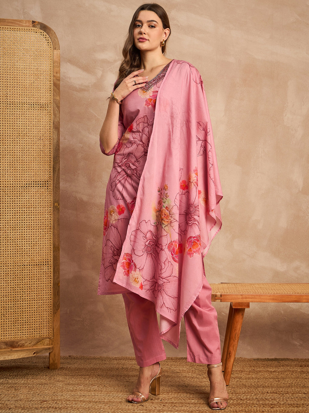 Women Floral Printed Sequinned Pure Cotton Straight Kurta with Trousers & Dupatta