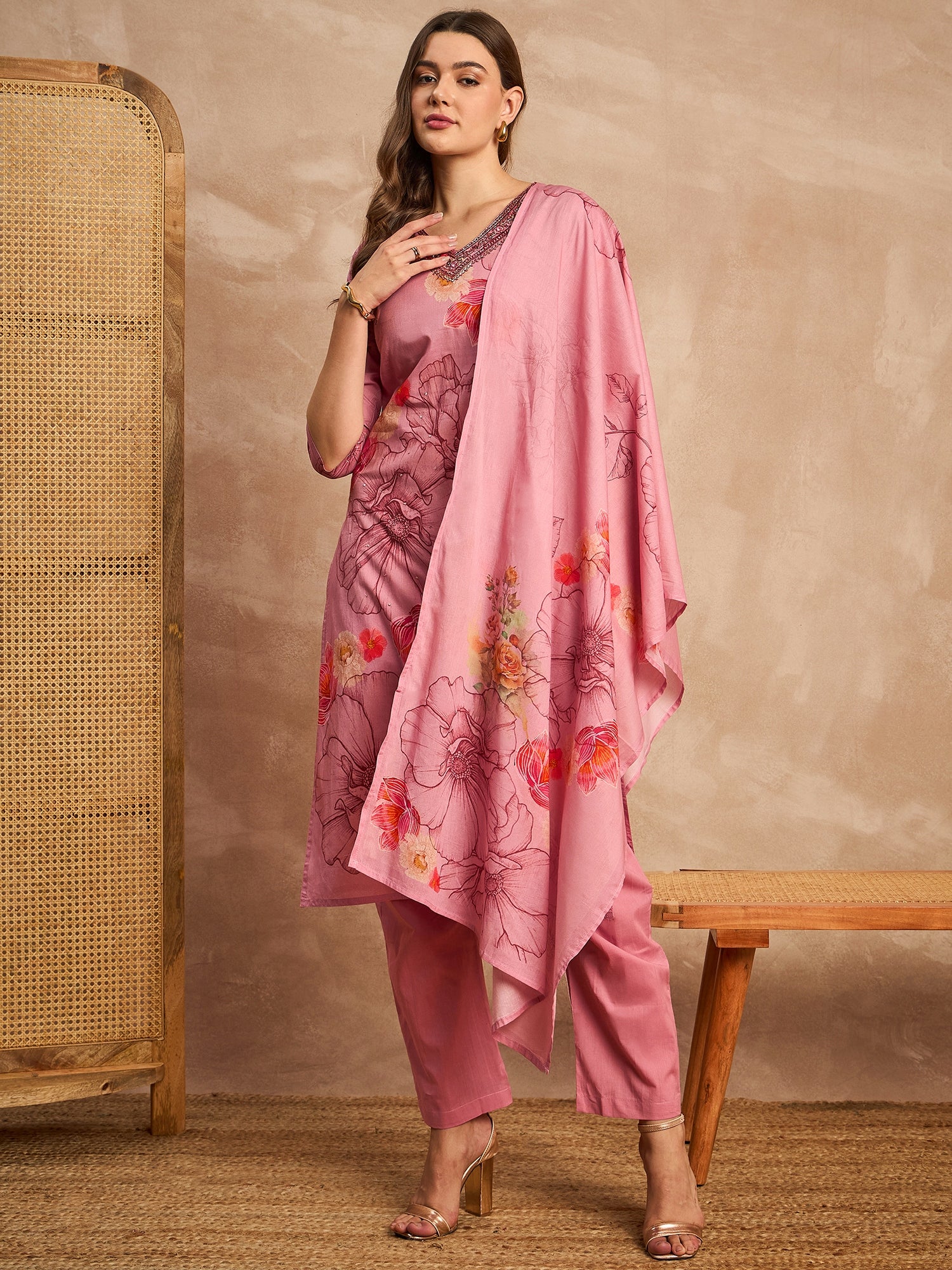 Women Floral Printed Sequinned Pure Cotton Straight Kurta with Trousers & Dupatta