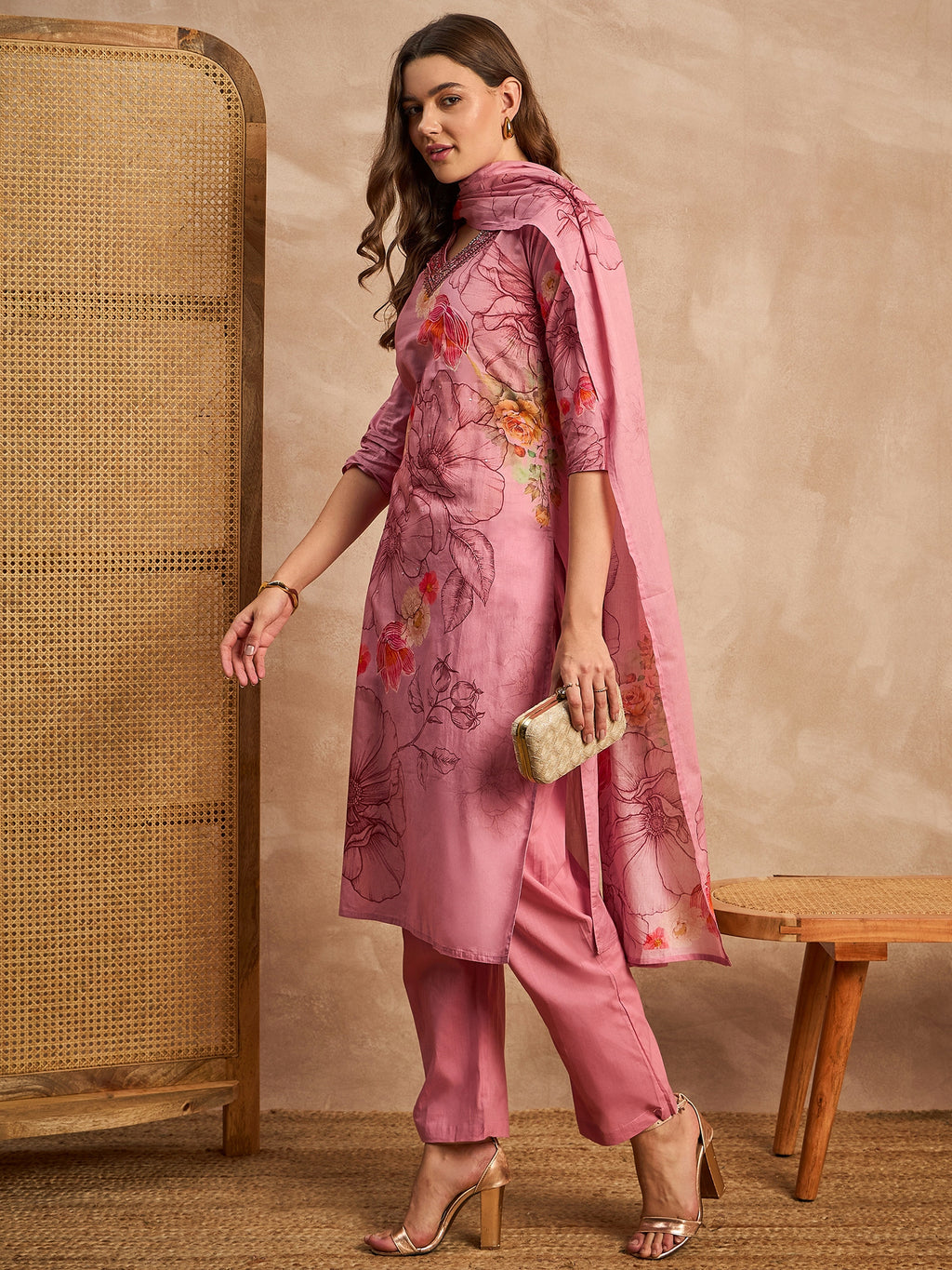 Women Floral Printed Sequinned Pure Cotton Straight Kurta with Trousers & Dupatta