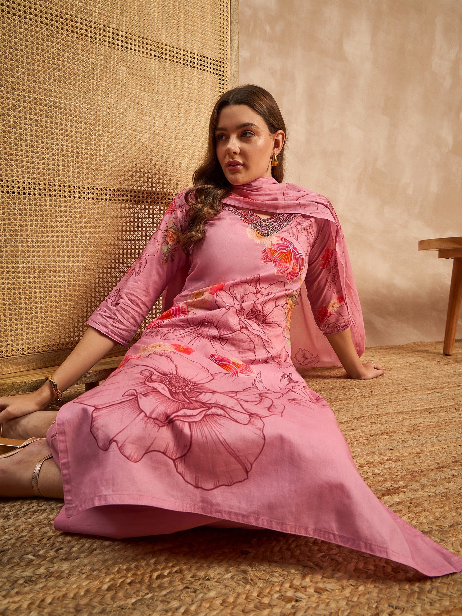 Women Floral Printed Sequinned Pure Cotton Straight Kurta with Trousers & Dupatta