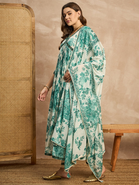 Floral Printed V-Neck Thread Work Empire Anarkali Kurta With Trousers & Dupatta