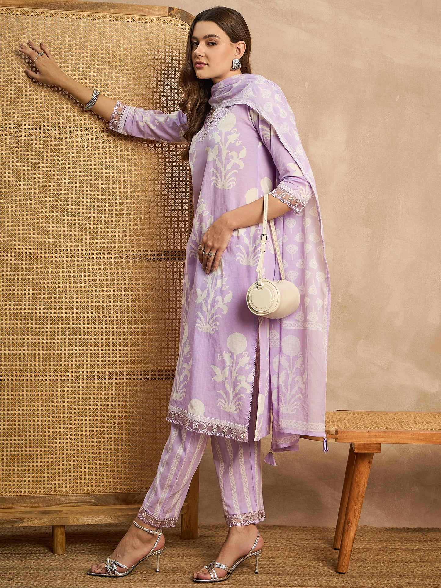 Women Floral Printed Sequinned Pure Cotton Straight Kurta with Trousers & Dupatta
