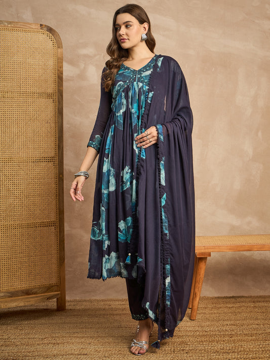 Women Abstract Printed Beads and Stones Anarkali Kurta with Trousers & Dupatta