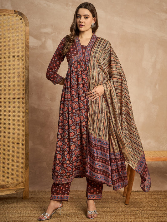 Floral Printed Square Neck Sequinned Empire Anarkali Kurta with Trouser & Dupatta